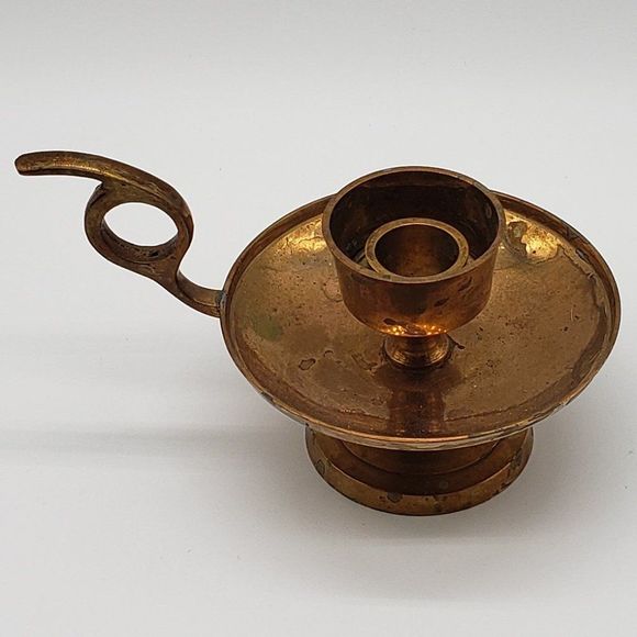 Solid Brass Vntg Pedestal Chamber Walking Candlestick Holder with Finger Ring - Picture 9 of 10